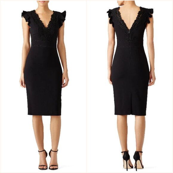 NWT Rebecca Taylor Crepe Lace Sheath Dress Ruffle Black Size 10